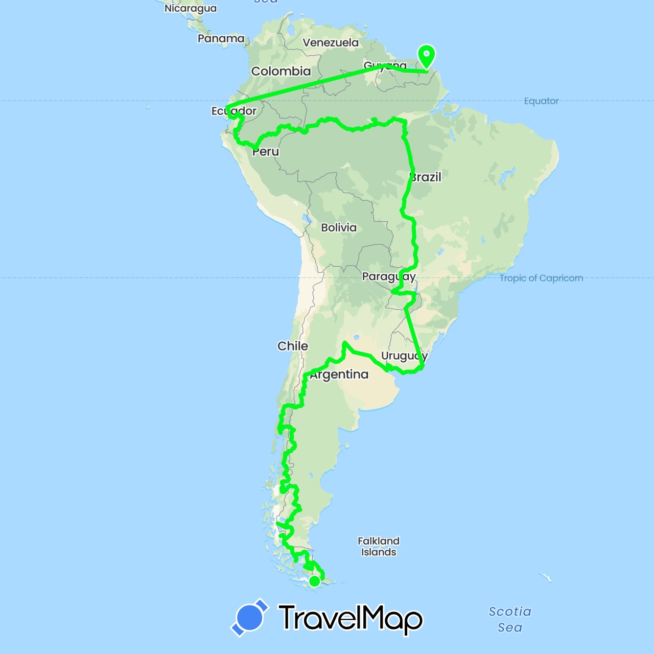 TravelMap itinerary: driving, south america vol.2 (ramzi) in Argentina, Brazil, Chile, Ecuador, France, Guyana, Peru, Paraguay, Suriname, Uruguay (Europe, South America)