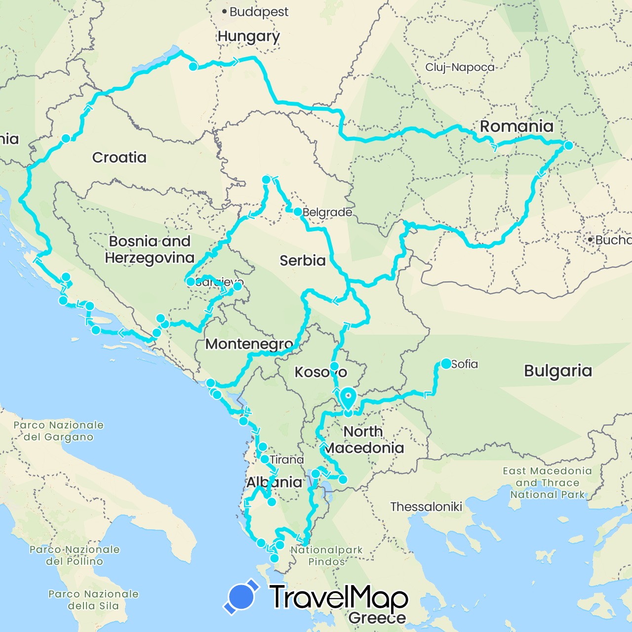 TravelMap itinerary: driving, eastern europe roadtrip (rtw) in Albania, Bosnia and Herzegovina, Bulgaria, Croatia, Hungary, Montenegro, Macedonia, Romania, Serbia, Kosovo (Europe)