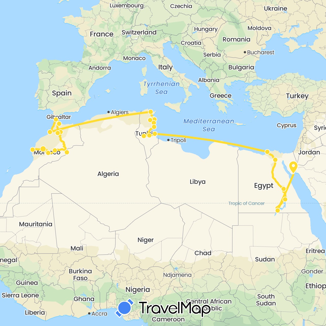 TravelMap itinerary: driving, northern africa (rtw trip) in Egypt, Morocco, Tunisia (Africa)