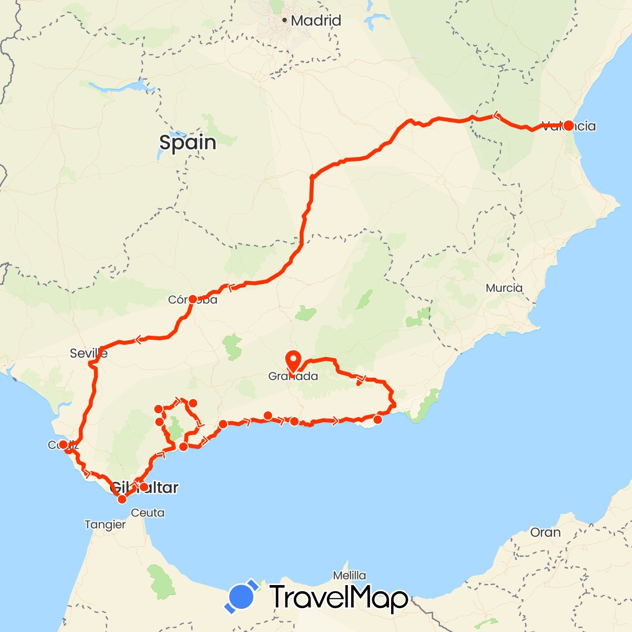 TravelMap itinerary: driving, andalusia spain roadtrip (rtw) in Spain, Gibraltar (Europe)