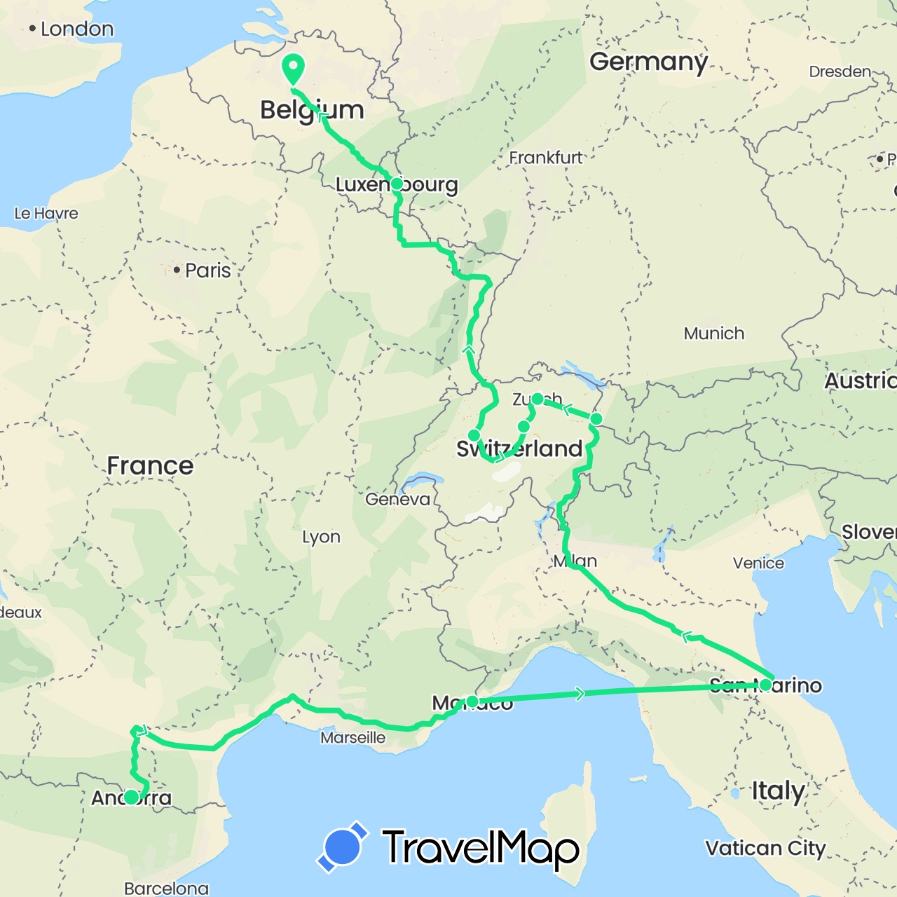 TravelMap itinerary: driving, microstate eurotrip in Belgium, Switzerland, Liechtenstein, Luxembourg, Monaco, San Marino (Europe)