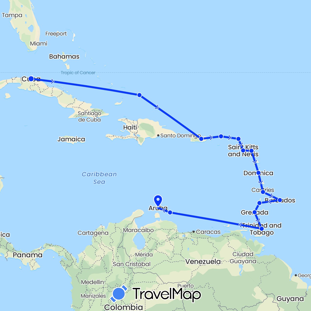 TravelMap itinerary: driving, caribbean islands in Antigua and Barbuda, Anguilla, Barbados, Cuba, Dominica, Grenada, Saint Kitts and Nevis, Netherlands, United States, Saint Vincent and the Grenadines, British Virgin Islands (Europe, North America)