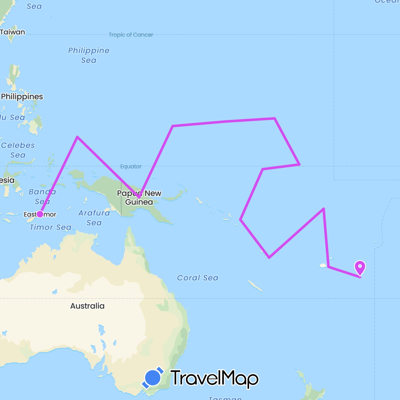TravelMap itinerary: pacific islands in Fiji, Kiribati, Nauru, Papua New Guinea, Palau, East Timor, Vanuatu (Asia, Oceania)