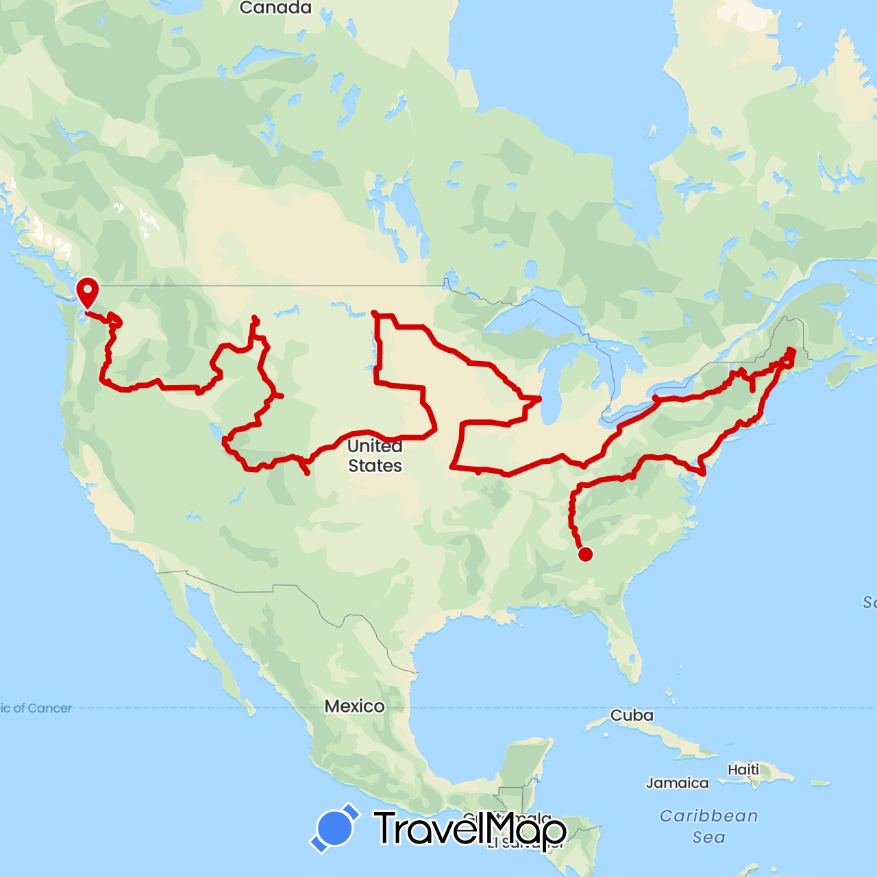 TravelMap itinerary: driving, usa roadtrip in United States (North America)