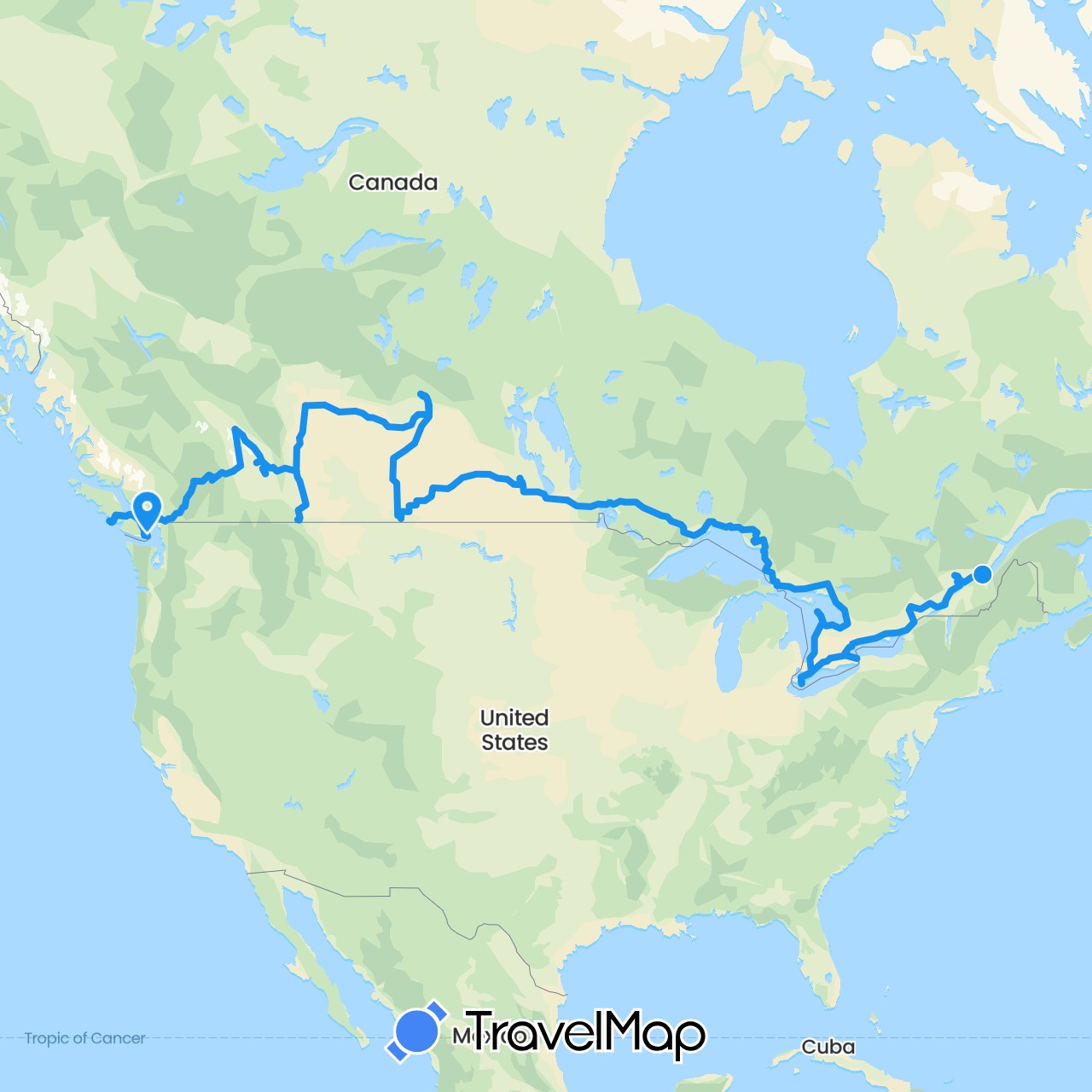 TravelMap itinerary: driving, canada roadtrip in Canada (North America)