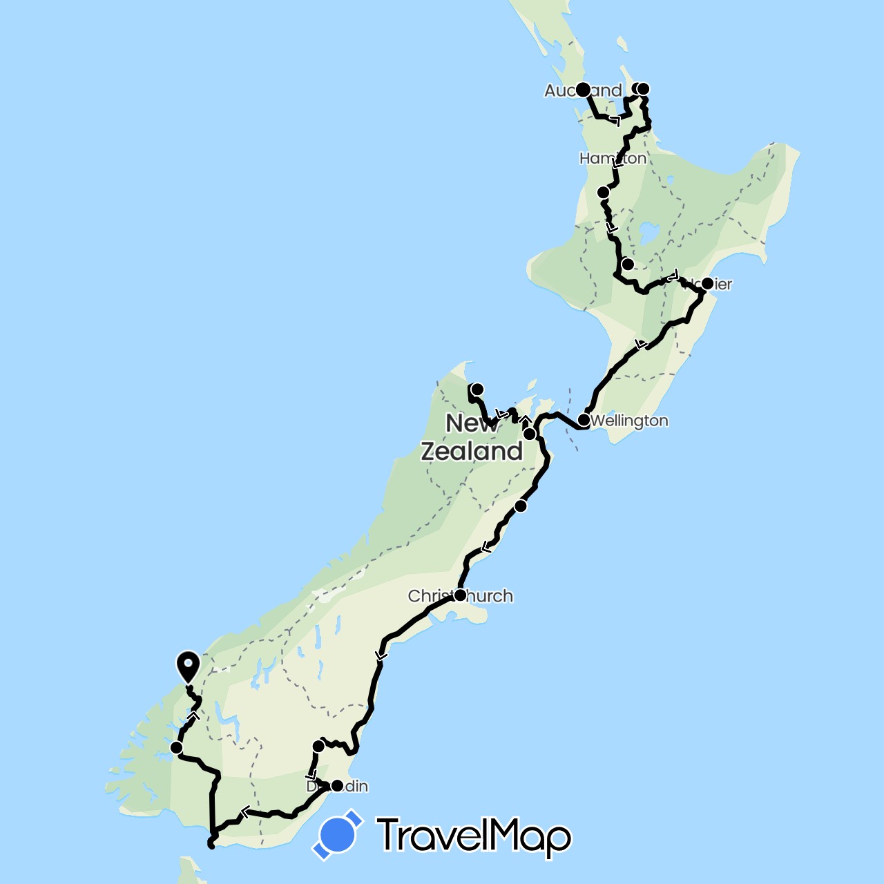 TravelMap itinerary: driving, new zealand in New Zealand (Oceania)