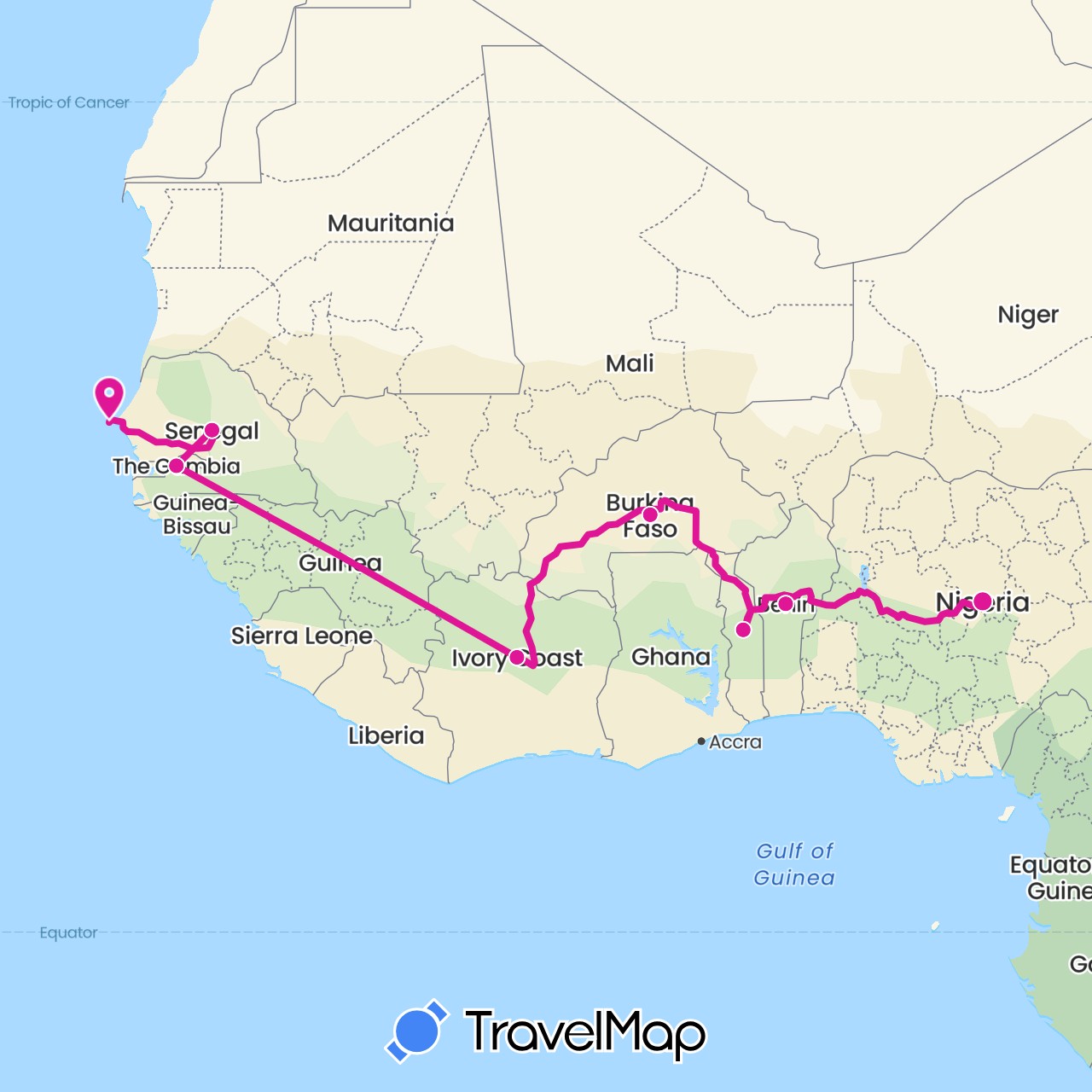 TravelMap itinerary: driving, west africa in Burkina Faso, Benin, Côte d'Ivoire, Gambia, Nigeria, Senegal, Togo (Africa)