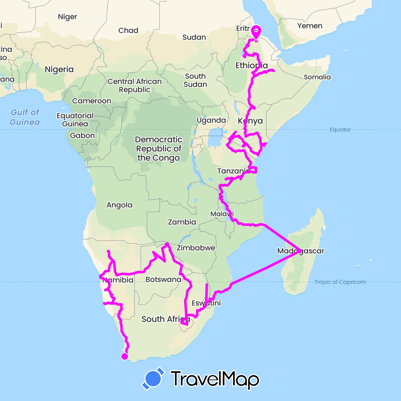 TravelMap itinerary: driving, southern africa in Botswana, Ethiopia, Kenya, Lesotho, Madagascar, Malawi, Mozambique, Namibia, Swaziland, Tanzania, South Africa (Africa)