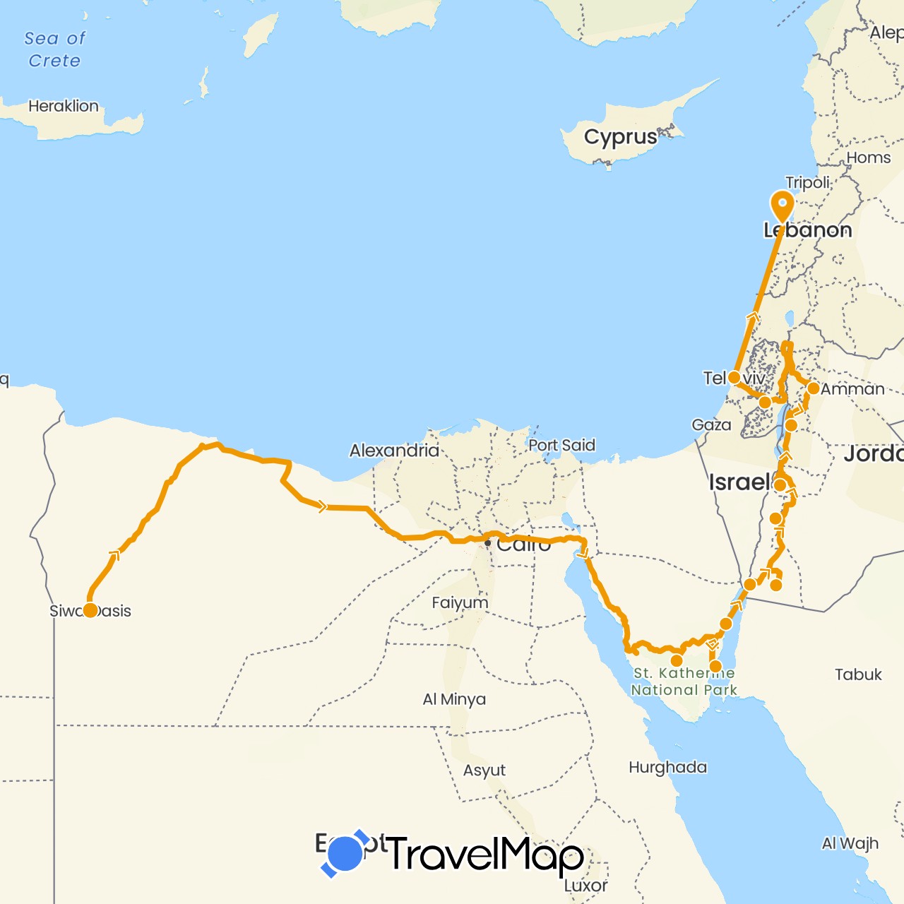TravelMap itinerary: driving, middle east in Egypt, Israel, Jordan, Lebanon (Africa, Asia)
