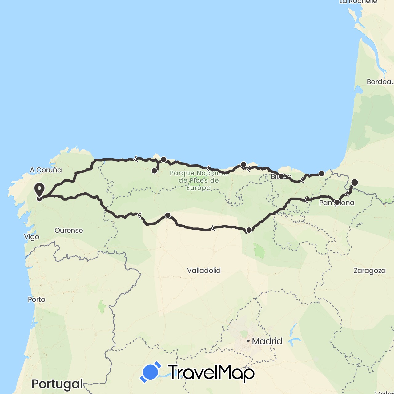 TravelMap itinerary: driving, camino de santiago in Spain, France (Europe)