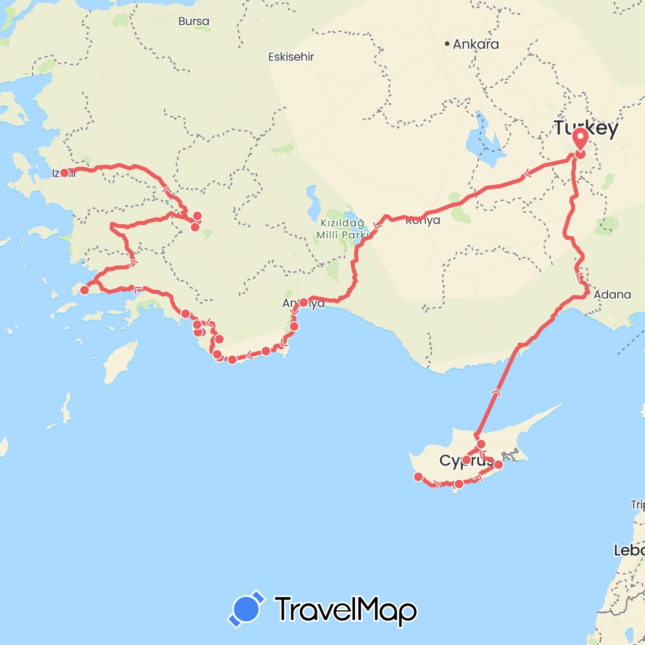TravelMap itinerary: driving, turkey mediterranean in Cyprus, Turkey (Asia)
