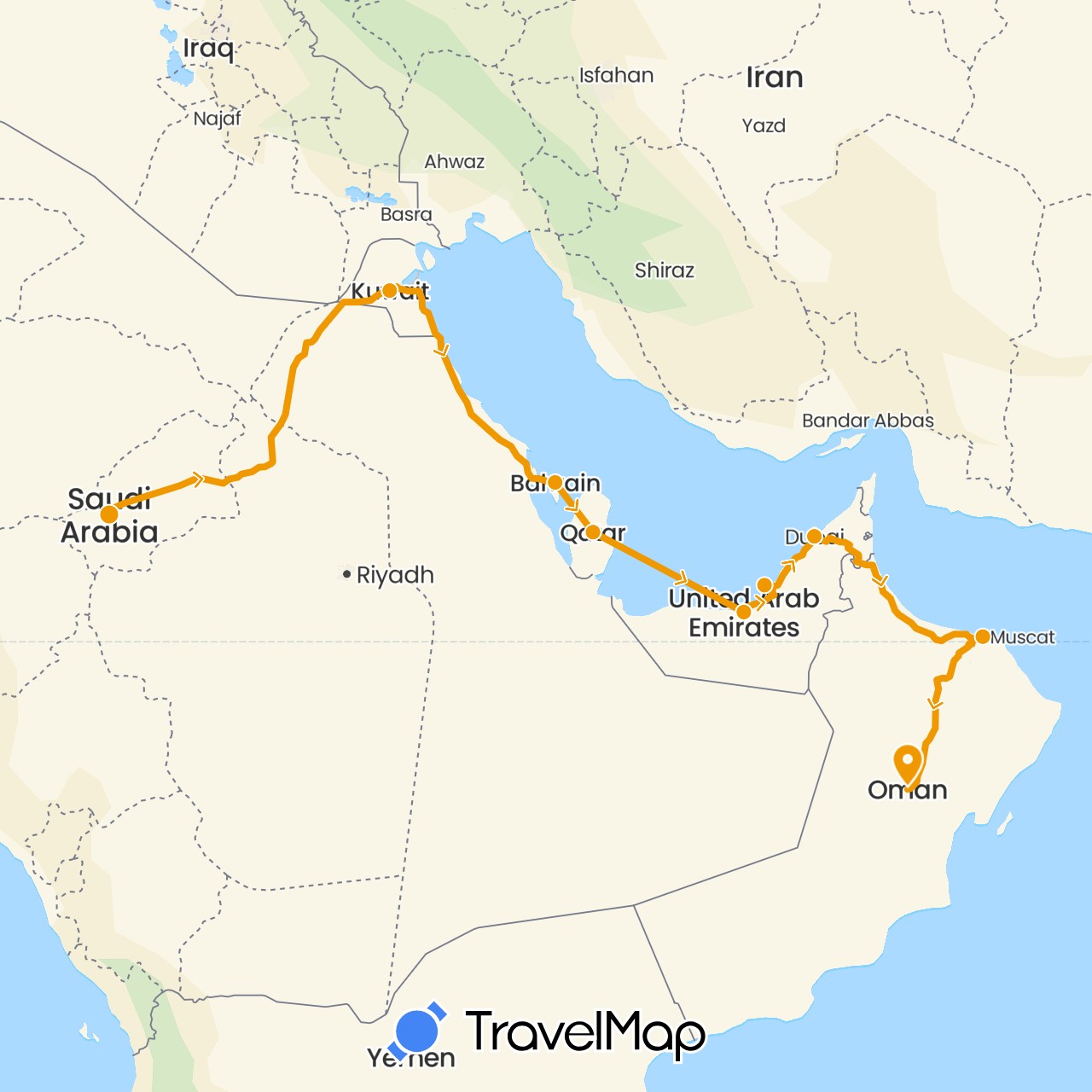 TravelMap itinerary: driving, middle east in United Arab Emirates, Bahrain, Kuwait, Oman, Qatar, Saudi Arabia (Asia)