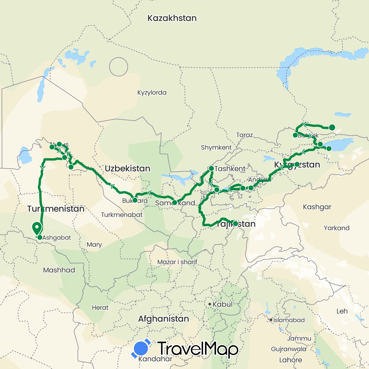 TravelMap itinerary: driving, the 5 stans in Kyrgyzstan, Kazakhstan, Tajikistan, Turkmenistan, Uzbekistan (Asia)