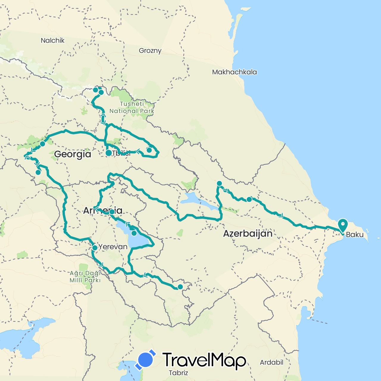 TravelMap itinerary: driving, central asia in Armenia, Azerbaijan, Georgia (Asia)