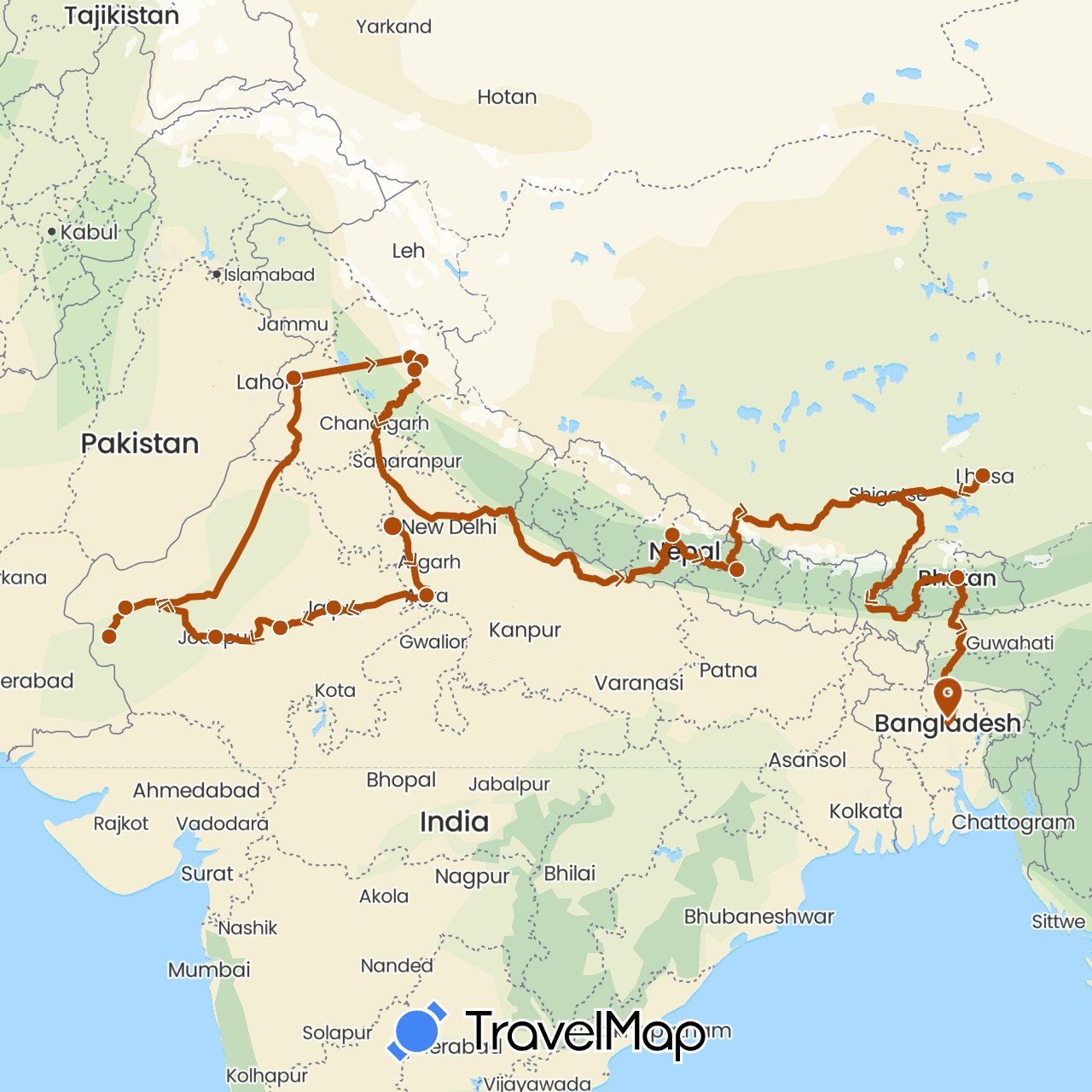 TravelMap itinerary: driving, indian peninsula in Bangladesh, Bhutan, China, India, Nepal (Asia)