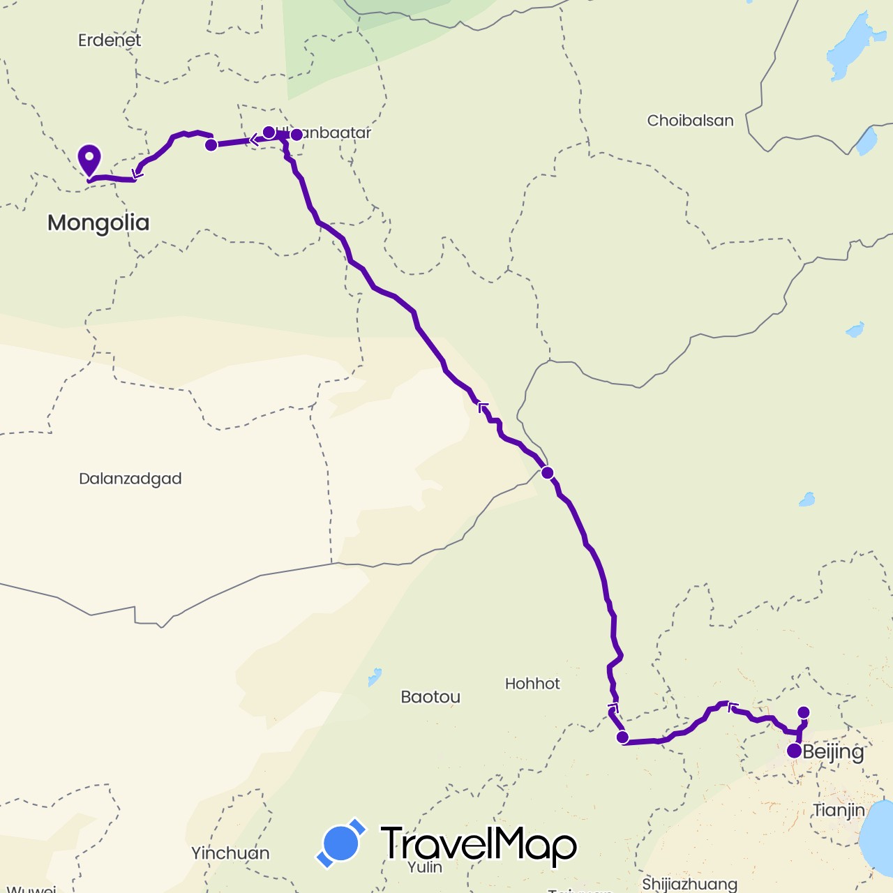 TravelMap itinerary: driving, trans-siberian (mongolia) in China, Mongolia (Asia)