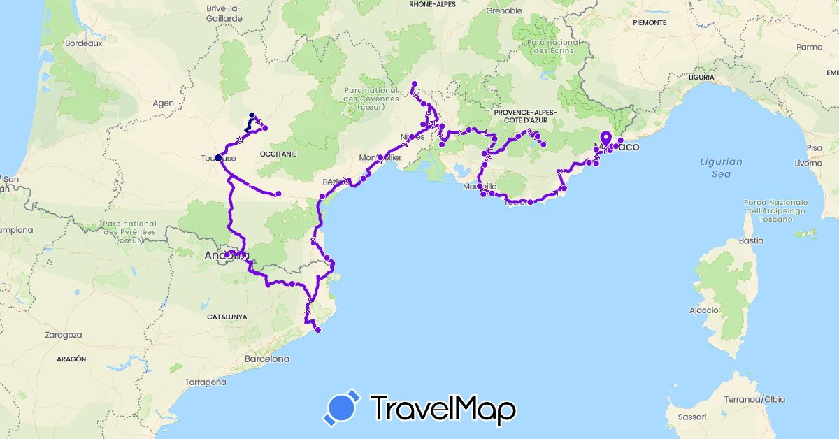 TravelMap itinerary: driving, french riviera in Andorra, Spain, France, Monaco (Europe)