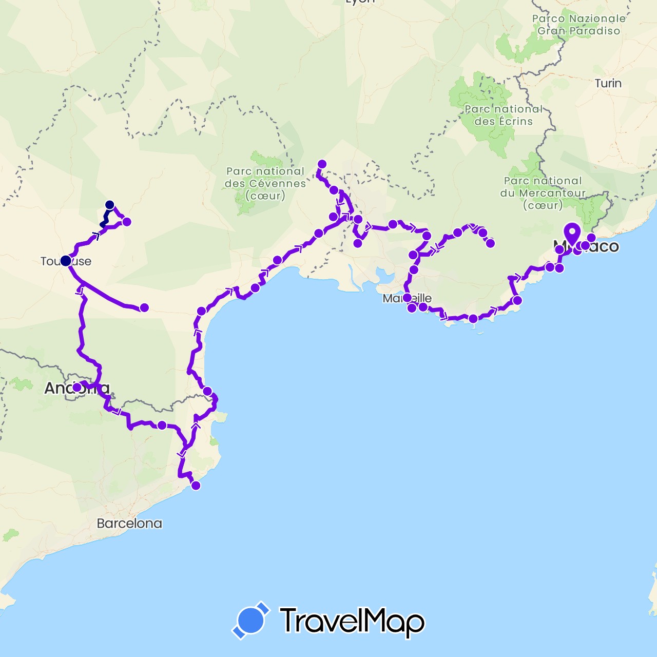 TravelMap itinerary: driving, french riviera in Andorra, Spain, France, Monaco (Europe)