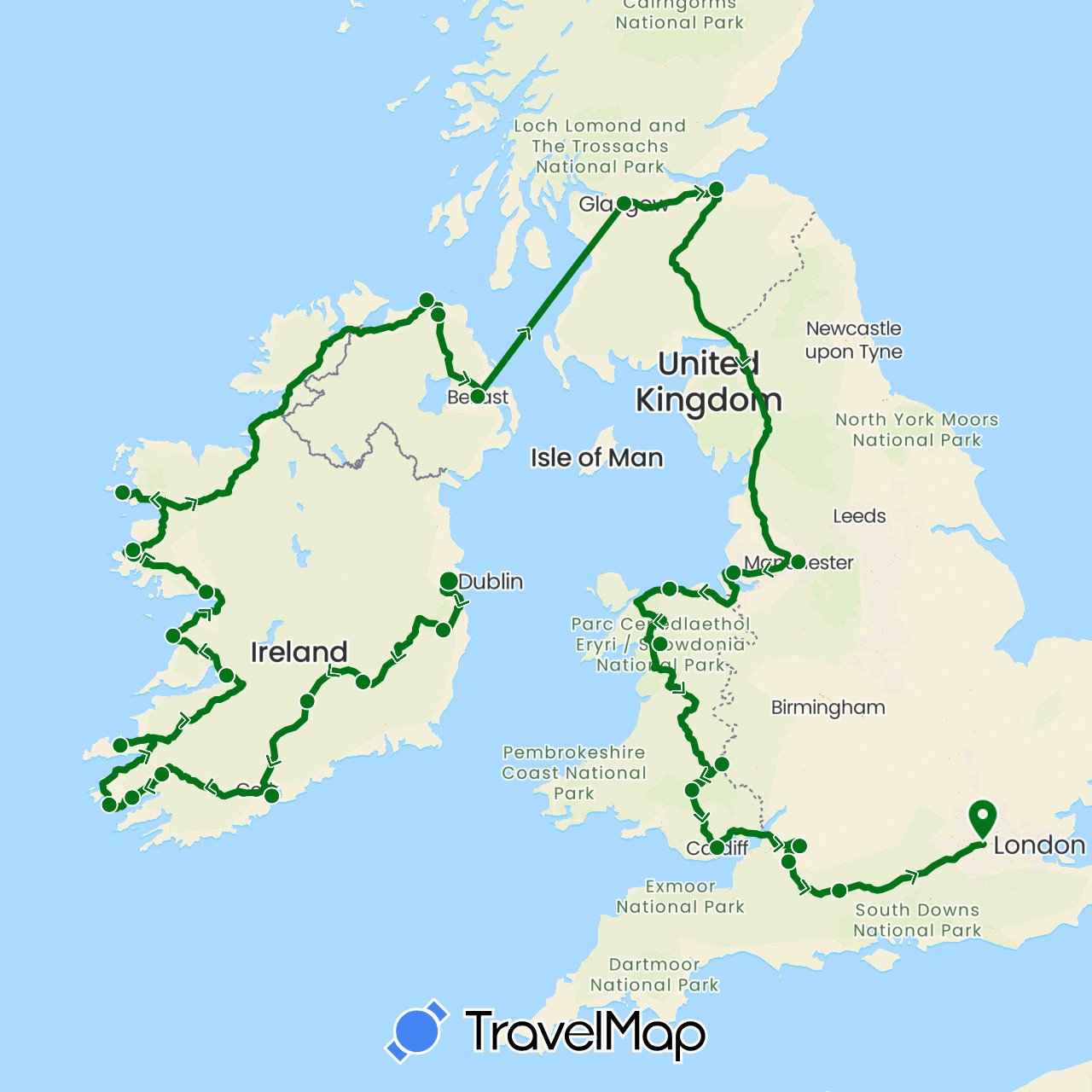 TravelMap itinerary: driving, celtic excusion in United Kingdom, Ireland (Europe)
