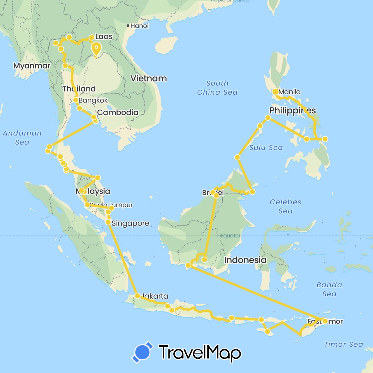 TravelMap itinerary: driving, southeast asia in Brunei, Indonesia, Laos, Malaysia, Philippines, Singapore, Thailand, East Timor (Asia)