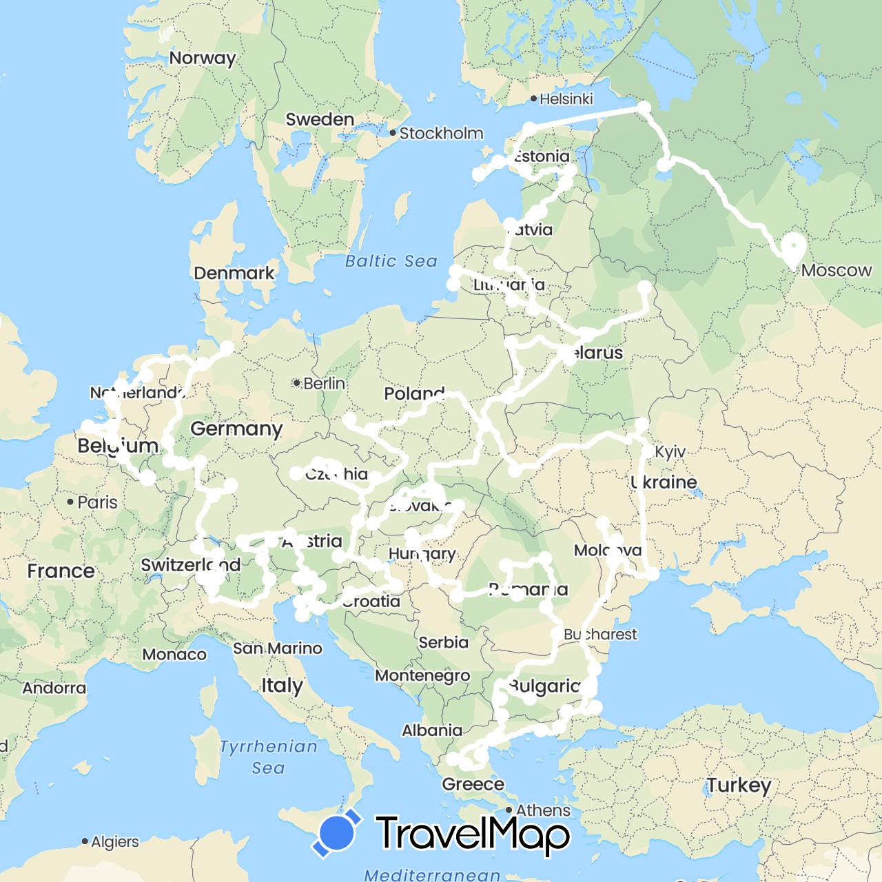 TravelMap itinerary: off-beaten path europe in Austria, Belgium, Bulgaria, Belarus, Switzerland, Czech Republic, Germany, Estonia, Greece, Croatia, Hungary, Italy, Liechtenstein, Lithuania, Luxembourg, Latvia, Moldova, Netherlands, Poland, Romania, Russia, Slovenia, Slovakia, Turkey, Ukraine (Asia, Europe)